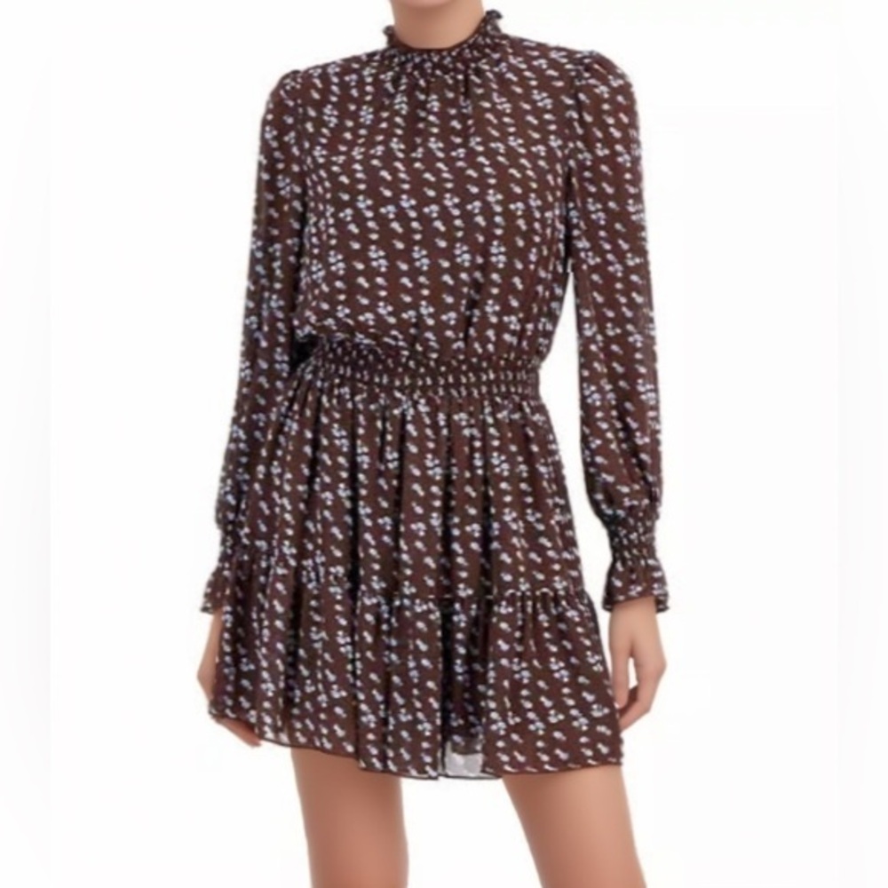 NEW LUCY PARIS Mock Neck Floral-Print Dress Brown Blue Floral Size XS NWT